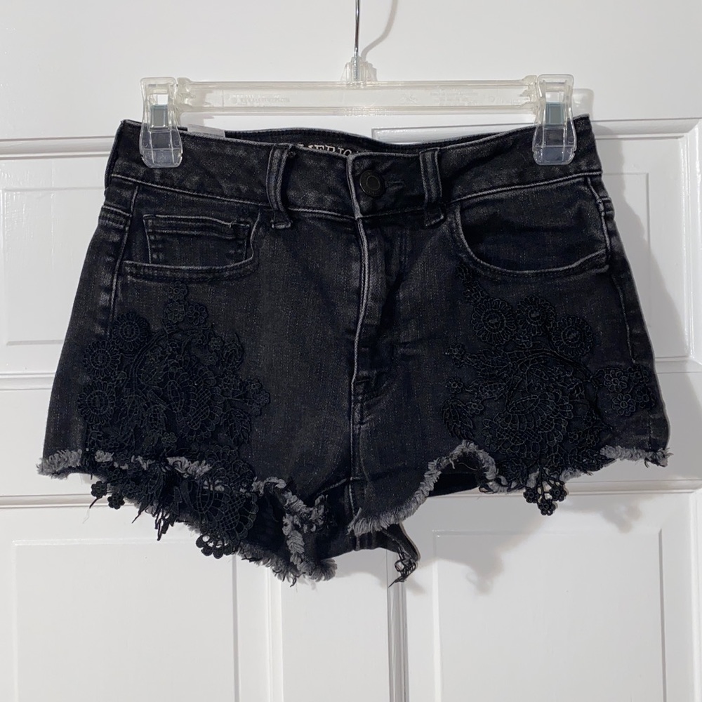 American Eagle black lace denim shorts, Size 4
